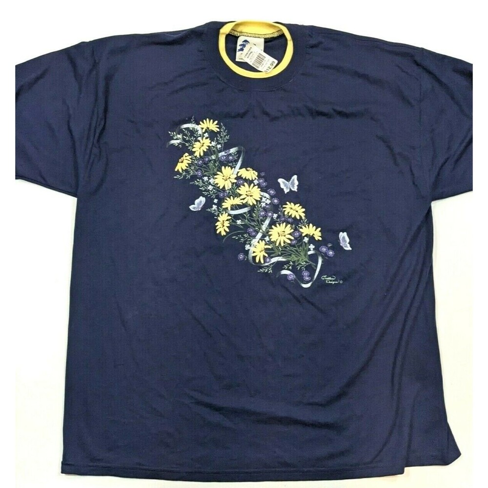 90s Vintage Pleasant Shade‎ Tee Womens 2X Navy Yellow Floral NWT Cottagecore USA